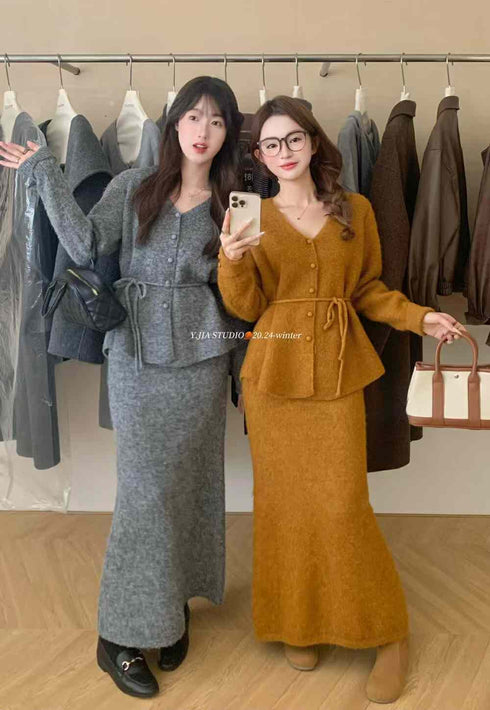 Women Winter Warm Knitted Cardigan With Skirts Sets